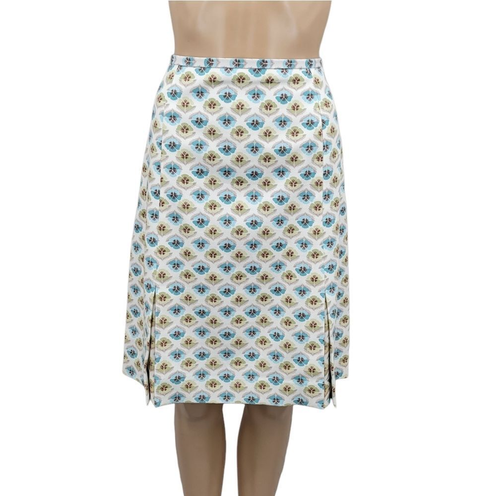 Etcetera Cotton White Blue Green Floral Flowers Pleated Skirt Knee Length Midi
